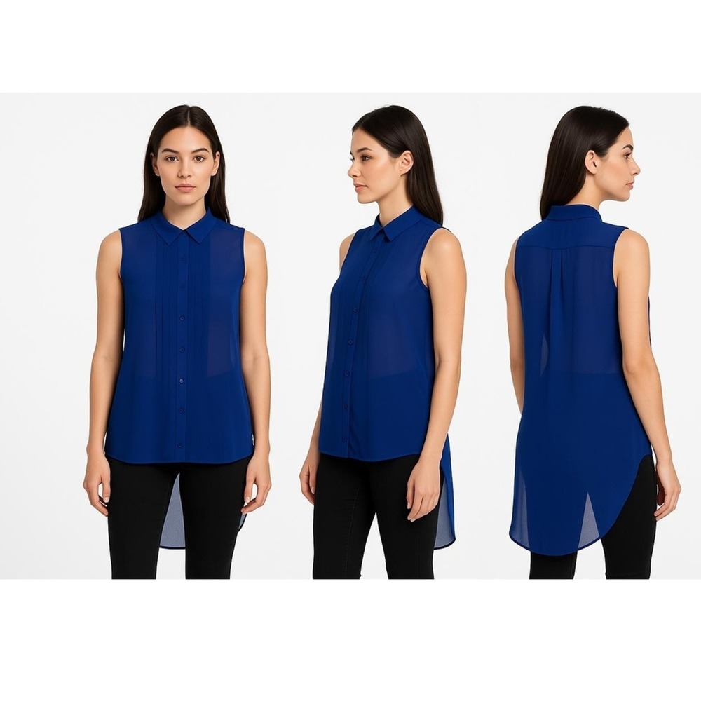 Dex Blouse Womans Large Pleated Front Blue Sheer Sleeveless Tails Button Down
